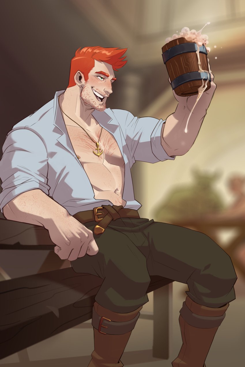 1boy 2023 abs bara barazoku blue_eyes clothing facial_hair hairy hairy_chest hi_res highres male male_focus male_nipples male_only manly muscles muscular muscular_male nipples red_hair solo solo_male sweetcherub