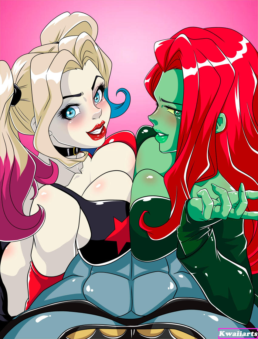 2girls batman big_breasts bleached_skin blue_eyes blush booty_shorts breast-to-breast breasts_squeezed_together bustier choker cleavage dc dc_comics dyed_hair female female_focus green_eyes green_skin harley_quinn harley_quinn_(series) jacket kwaiiarts lips looking_at_viewer male poison_ivy pov pressed_together red_hair smiling squeezing_breasts_together twintails