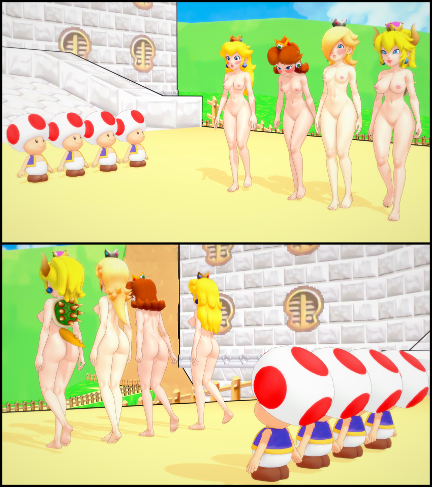 4girls ass barefoot blonde_hair bowsette breasts brown_hair clothed_male_nude_female completely_nude completely_nude_female crown lipstick long_hair mario_(series) multiple_girls navel new_super_mario_bros._u_deluxe nipples nude nude_female outdoors ponytail princess_daisy princess_peach princess_rosalina pussy retropunch super_mario_bros. toad_(mario) walking