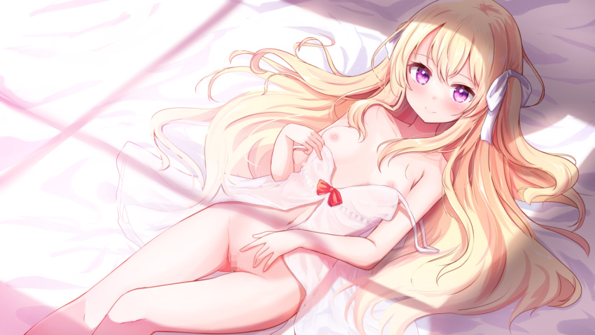 babydoll babydoll_pull baram blonde_hair blush bottomless bow bow_babydoll breasts censored closed_mouth clothes_pull commentary_request commission feet_out_of_frame female hair_ribbon long_hair looking_at_viewer lying mosaic_censoring navel nipples on_back original paid_reward_available petite purple_eyes pussy red_bow ribbon skeb_commission small_breasts smile solo strap_slip thigh_gap two_side_up white_babydoll white_ribbon