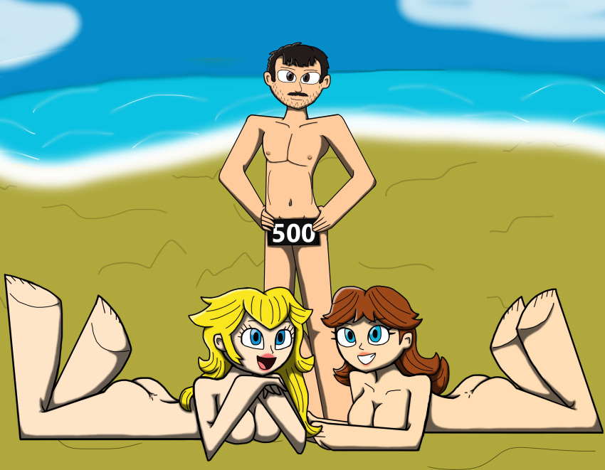 1boy 2girls ass barefoot beach beach_towel black_hair blonde_hair blue_ink22 brown_hair completely_nude completely_nude_female covering_crotch deviantart_watchers long_hair lying lying_on_stomach mario_(series) medium_hair milestone_celebration moustache navel nude_beach nude_female nude_male princess_daisy princess_peach retro_(retropunch) retropunch short_hair sign