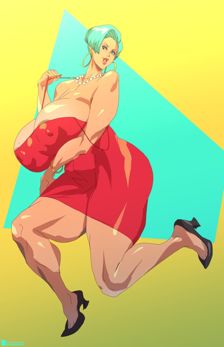 1girls big_breasts bulma bulma_(dragon_ball) bulma_briefs bulma_briefs_(gt_saga) dragon_ball dragon_ball_gt dragon_ball_z dress enormous_breasts eraanthe green_skin huge_breasts light-skinned_female light_skin mature_female milf mother tan-skinned_female tan_body tan_skin voluptuous voluptuous_female wide_hips