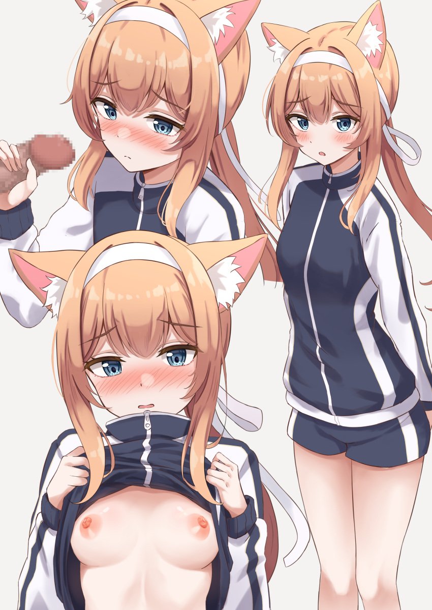 1boy absurdres animal_ear_fluff animal_ears blue_archive blue_eyes blue_jacket blue_shorts blush breasts censored closed_mouth commentary_request female fox_ears fox_girl grey_background gym_shorts gym_uniform hair_ribbon hairband handjob highres jacket jacket_lift lifted_by_self long_hair long_sleeves mari_(blue_archive) mari_(gym_uniform)_(blue_archive) mari_(track)_(blue_archive) medium_breasts mosaic_censoring nipples no_halo nose_blush official_alternate_costume orange_hair paid_reward_available parted_lips penis ponytail ribbon short_shorts shorts sidelocks simple_background sisterhood_(blue_archive) straight thalia track_jacket trinity_general_school_student white_hairband white_ribbon young