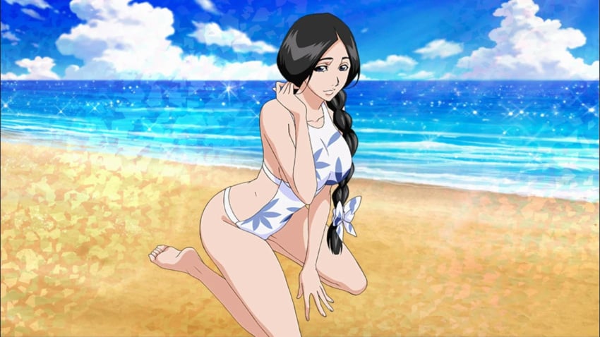 1girls bare_legs barefoot big_breasts black_hair bleach bleach_brave_souls blue_eyes braid braided_ponytail breasts collarbone female floral_print large_breasts legs long_hair mature mature_female milf ocean official_art one-piece_swimsuit outdoors ponytail sand seaside smile solo swimsuit thighs tied_hair unohana_retsu voluptuous