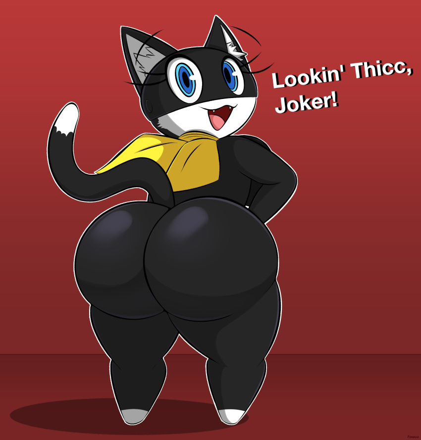 1girls anthro ass big_ass big_butt black_skin dat_ass domestic_cat fat_ass female foxsuo girly girly_boy happy looking_back_at_viewer morgana_(persona) red_background standing text