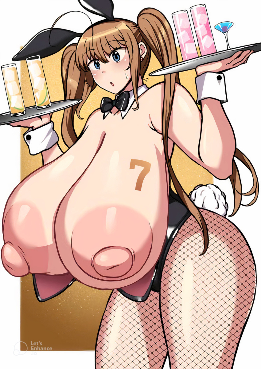 1girls brown_hair bunnysuit female female_only huge_breasts komusou_(jinrikisha) light-skinned_female light_skin massive_areolae massive_breasts numer_on_breast ooba_minori original solo thick_thighs