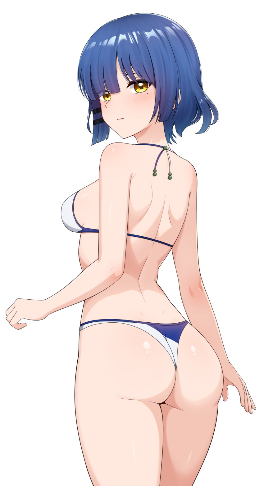 1girls ass bikini blue_hair bocchi_the_rock! breasts female female_only from_behind fully_clothed halterneck highres looking_at_viewer looking_back medium_breasts mole mole_under_eye more_at_source revealing_clothes short_hair simple_background skimpy_clothes solo standing string_bikini swimsuit tagme thong_bikini two-tone_bikini white_background yamada_ryou yellow_eyes yisusjpl