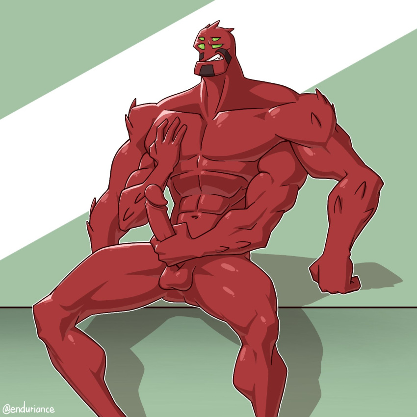 4_arms 4_eyes balls bara ben_10 boner enduriance erection fourarms male male_only masturbation multi_arm multi_eye multi_limb muscles muscular nude penis red_body red_skin sitting solo solo_male tetramand