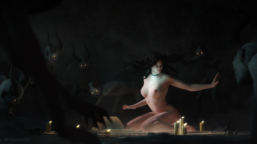 1girls 3d 3d_(artwork) barefoot black_hair breasts candles casual collar demons feet female human koelet3d naked naked_female navel nude nude_female pale_skin solo solo_female sorceress the_witcher_(series) the_witcher_3:_wild_hunt yennefer