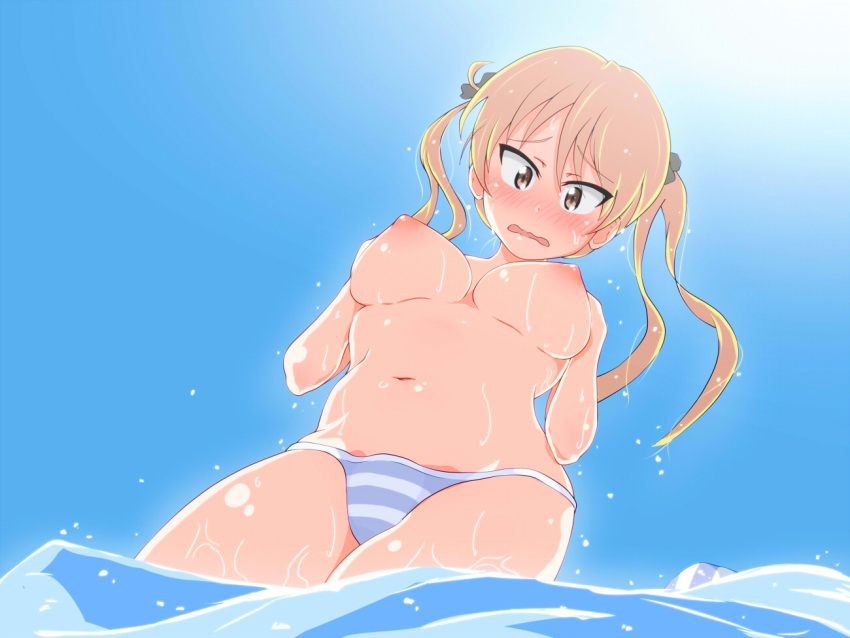 1girls artist_request bakuon!! big_breasts blonde_hair blush breasts embarrassed female navel orange_eyes panties solo striped_panties suzunoki_rin topless twintails wardrobe_malfunction water wet