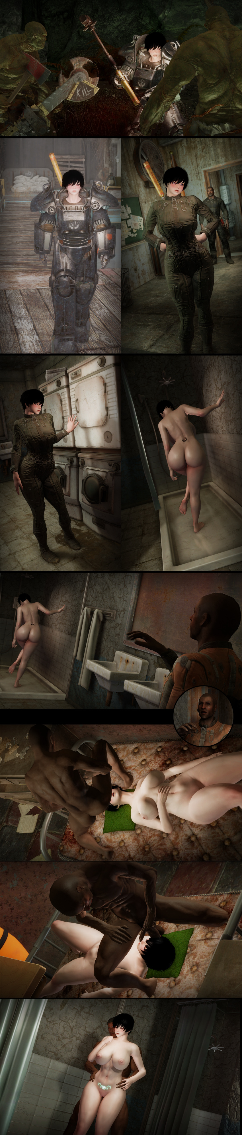 3d bethesda_softworks bodysuit brotherhood_of_steel fallout hourglass_figure imminent_rape jumpsuit peeping power_armor screenshot short_hair shower sleep_molestation sleeping straight super_mutant tomboy