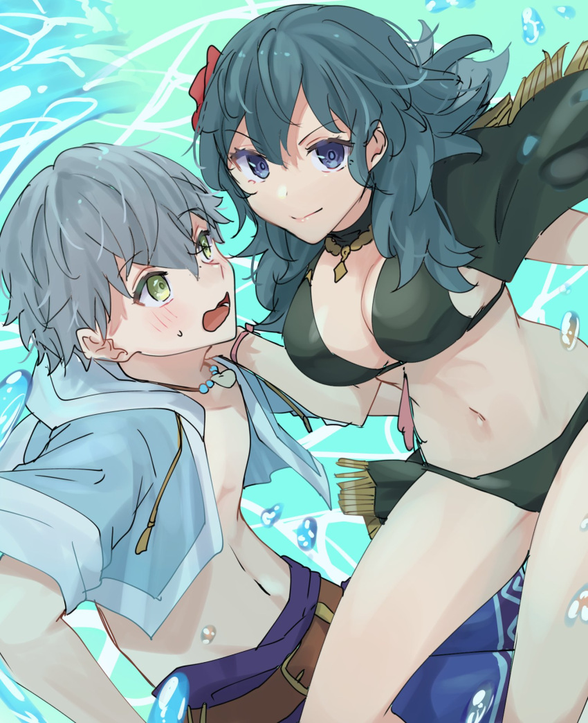 1boy 1girls alternate_costume ashe_ubert bikini black_bikini black_swimsuit breasts byleth_(female)_(summer)_(fire_emblem) byleth_(fire_emblem) byleth_(fire_emblem)_(female) female fire_emblem fire_emblem:_three_houses fire_emblem_heroes male nintendo official_alternate_costume sakura_no_yoru swimsuit