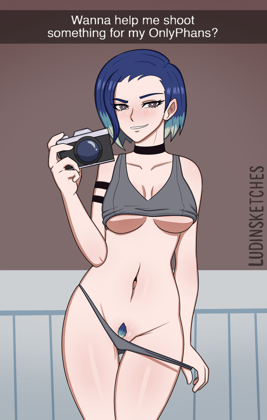 1girls blue_hair blush boobs camera choker english_text female female_only heart-shaped_pupils human mirror_selfie perrin_(pokemon) pokemon pokemon_sv pokemon_sv_teal_mask pubic_hair selfie snapchat solo text