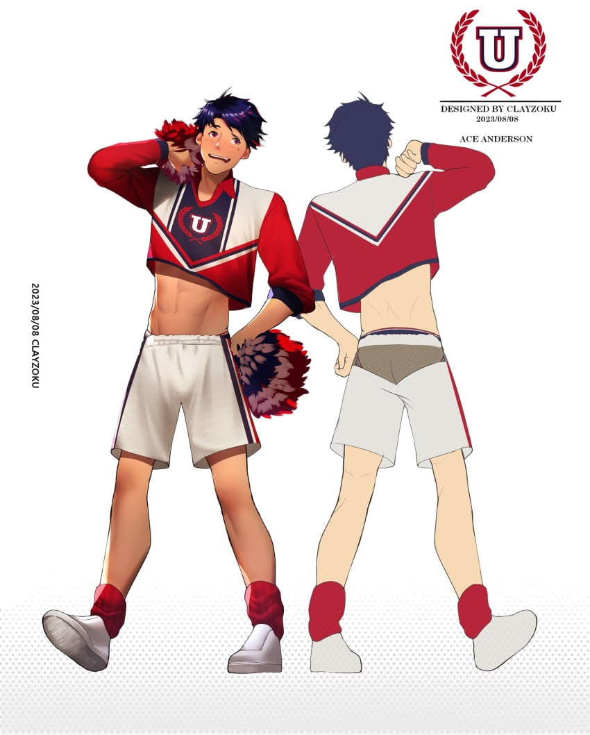 ace_anderson cheerleader cheerleader_uniform clayzoku crop_top exposed exposed_ass gay jey jock_studio jockstrap jockstudio(blits_games) male male_only muscular muscular_male purple_hair yaoi