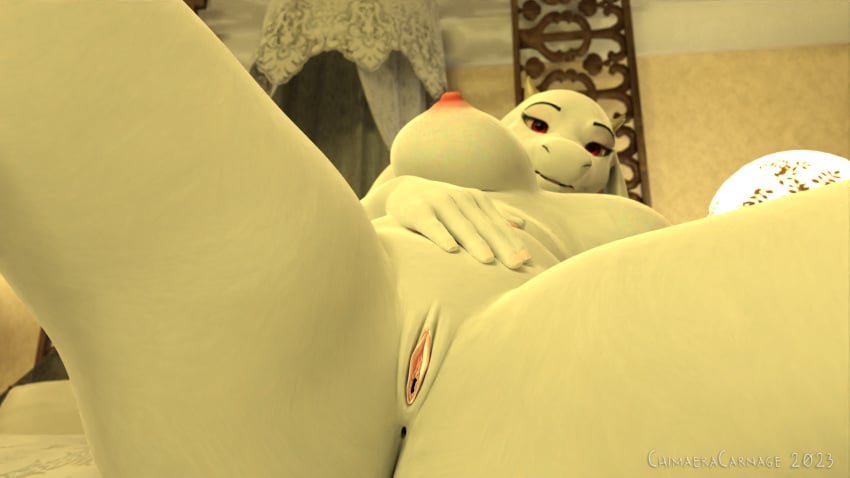 3d 3d_(artwork) anthro anus bed bedroom big_breasts boss_monster bovid breasts caprine chimaeracarnage close-up female fur furniture furry genitals hand_on_stomach hi_res horn mammal presenting presenting_anus presenting_pussy pussy red_eyes slightly_chubby solo toriel undertale undertale_(series) white_body white_fur