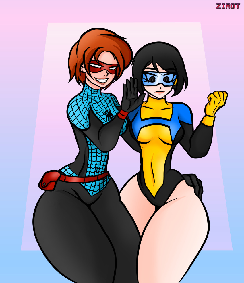 2girls anna-may_parker ass big_ass big_butt black_hair bodysuit breasts crossover cute female female_focus female_only heroine highres human image_comics invincible invincible_(comics) leotard marvel marvel_comics mask masked_female medium_breasts multiple_girls red_hair short_hair spider-man_(series) spiderling suit superheroine terra_grayson thick_thighs wide_hips zirot