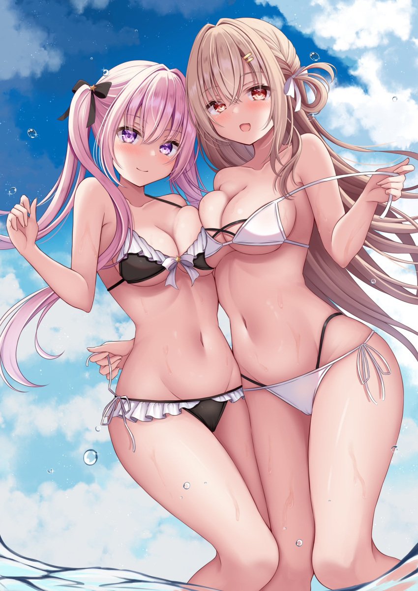 2girls bikini blush cameltoe female female_only hanonokusa happy large_breasts light_brown_hair one_side_up partially_submerged pink_hair removing_bikini smile splash squeezing_breast twintails wet_skin