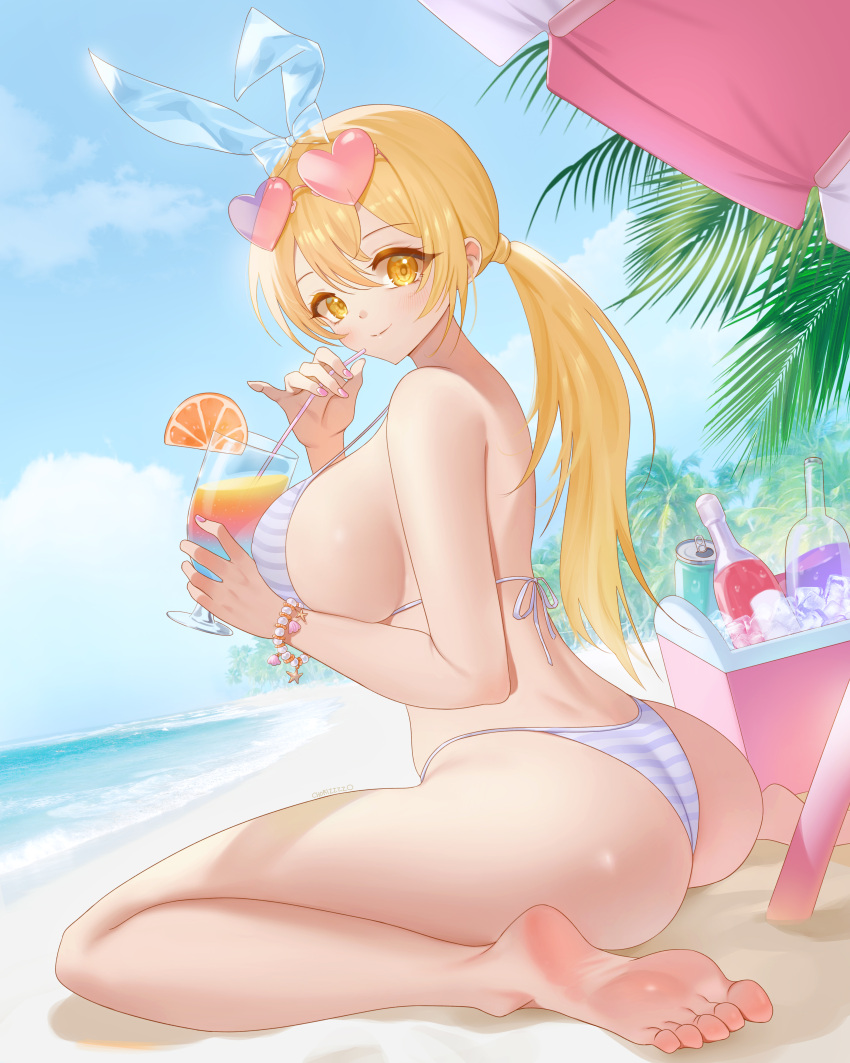 alcoholic_drink beach bikini drink drinking feet hair_bow huge_ass huge_breasts painted_nails rear_view sideboob soft_drink soles striped_bikini toes tropical yellow_eyes yellow_hair