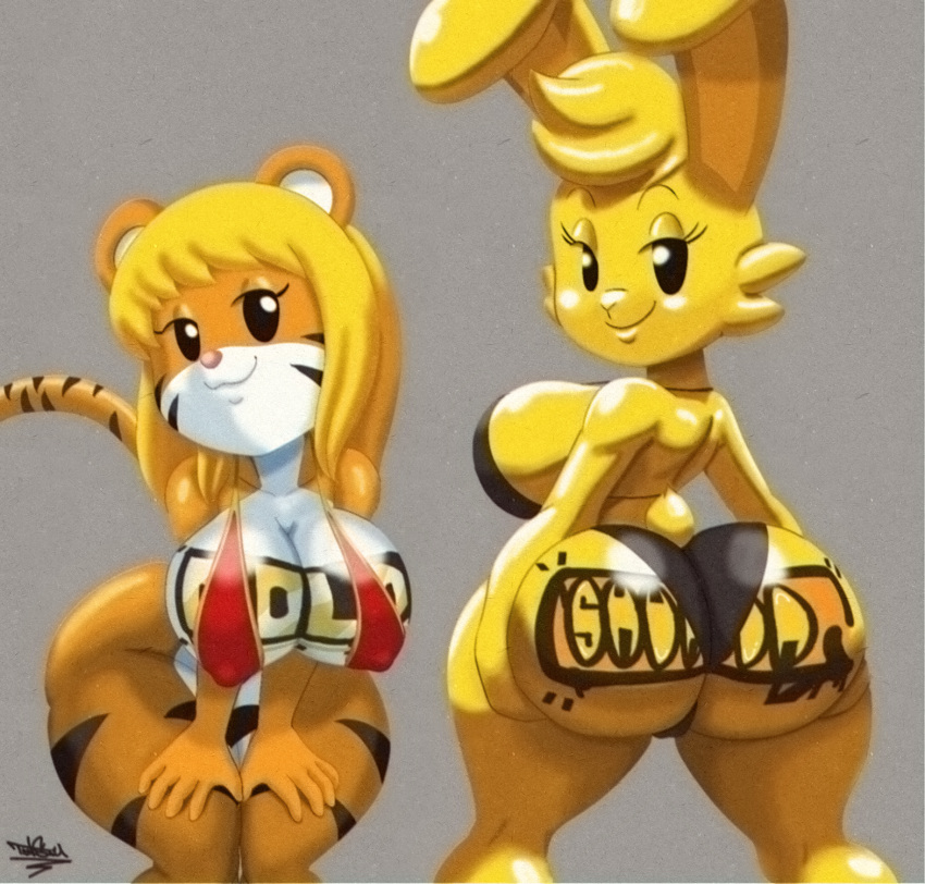 2girls anthro ass ass_support big_ass big_breasts bikini blonde_hair body_writing breasts commission fat_ass female female_only huge_ass large_ass poster_bun_bun rabbit shunchun_(the-urban-tiger) tansau thick_ass thick_thighs tiger wide_hips