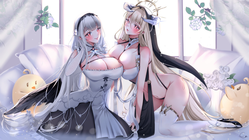 2girls absurdly_long_hair all_fours asymmetrical_docking azur_lane bare_shoulders between_breasts black_dress black_footwear blonde_hair blush breast_press breasts cleavage dress elbow_gloves fake_horns flower full_body gloves hair_between_eyes halo hand_on_own_ear high_heels highres horns huge_breasts implacable_(azur_lane) indoors kneeling layered_dress light-skinned_female light_skin long_hair looking_at_viewer manjuu_(azur_lane) mechanical_halo multiple_girls mytenchi navel pelvic_curtain red_eyes revealing_clothes rose royal_navy_(azur_lane) scylla_(azur_lane) shoes sleeveless sleeveless_dress smile thighhighs two-tone_dress very_long_hair white_dress white_flower white_gloves white_hair white_horns white_rose white_thighhighs