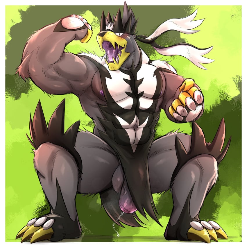 anthro balls biped black_balls black_body black_fur black_penis blush bodily_fluids border claws crazydrak crouching digital_media_(artwork) fangs flaccid flexing_bicep fur generation_8_pokemon genital_fluids genitals glans green_background hi_res legendary_pokemon male muscular muscular_anthro muscular_male nintendo nipples open_mouth penis pink_glans pink_nipples pokemon pokemon_(species) precum pseudo_clothing simple_background single_strike_style_urshifu solo teeth toe_claws urshifu white_body white_border white_fur wulaosu