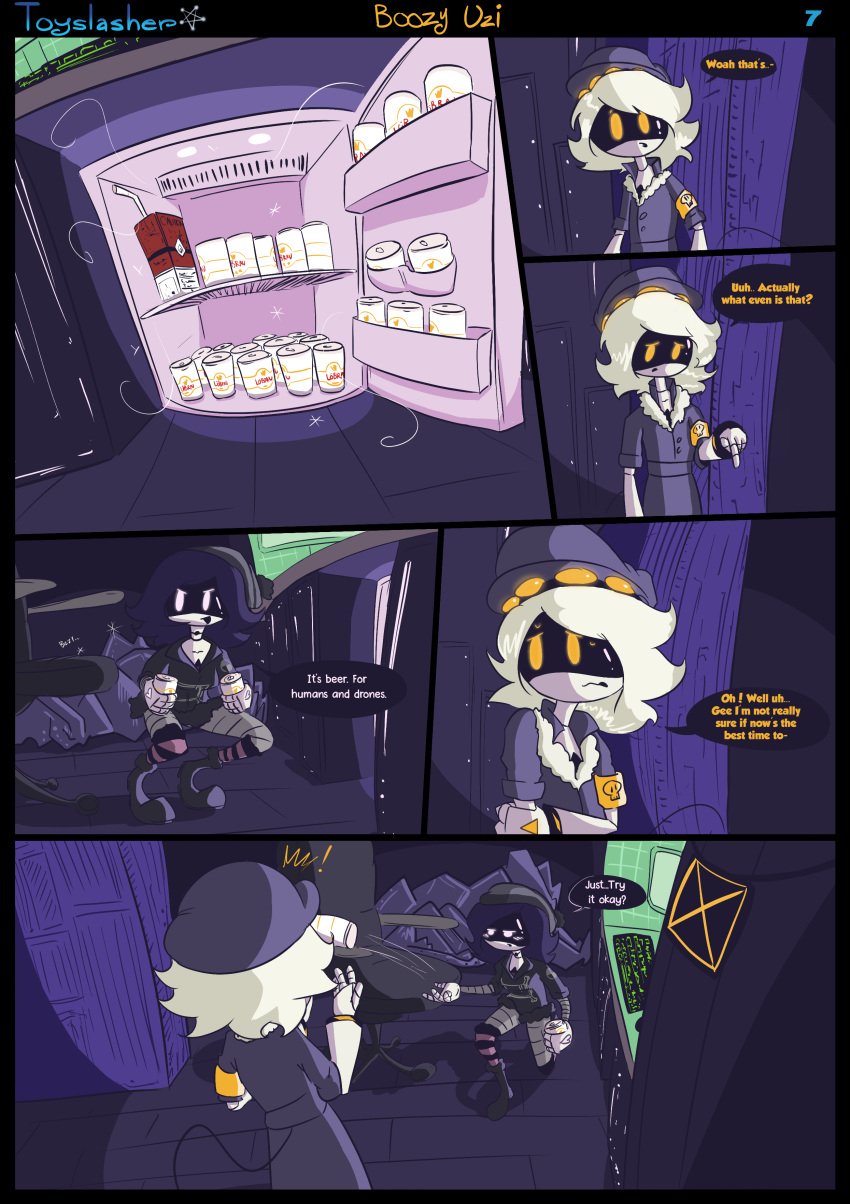 boozy_uzi comic comic_page glitch_productions murder_drones n_(murder_drones) newgrounds page_7 panels robot robot_boy robot_girl toyslasher twitter uzi_(murder_drones)