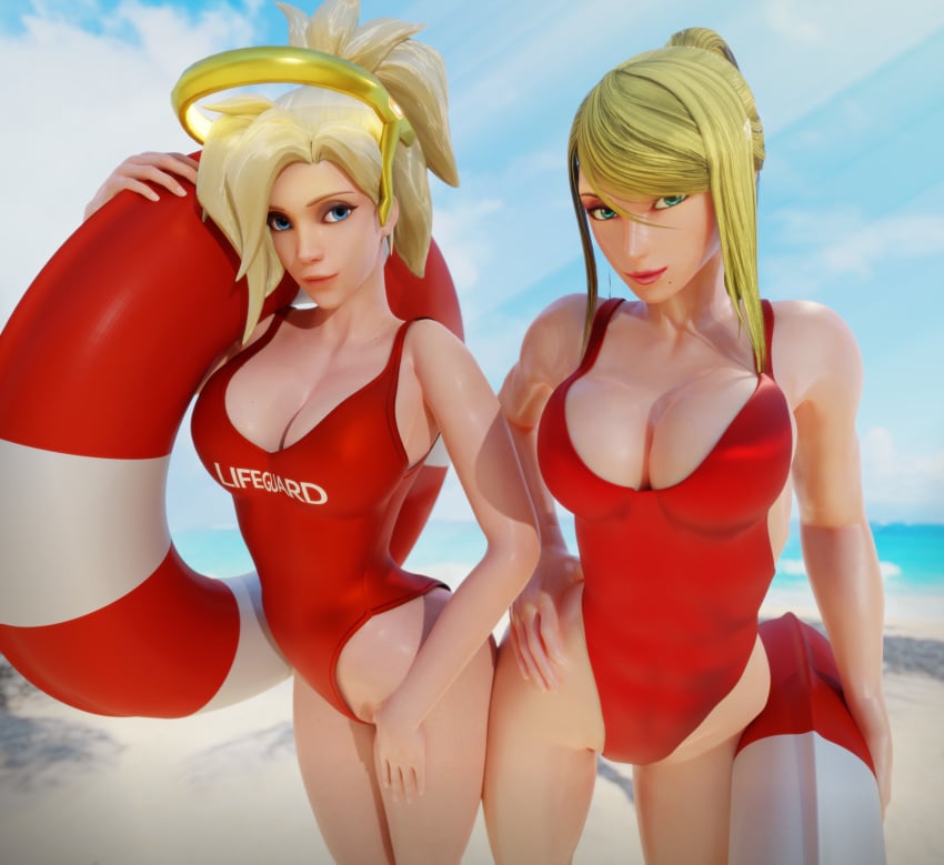 2girls 3d adeptusinfinitus beach big_breasts blender blonde_hair cleavage deep_cleavage female female_only halo human lifeguard light-skinned_female light_skin mercy metroid one-piece_swimsuit overwatch pale-skinned_female pale_skin ponytail posing red_swimsuit round_breasts samus_aran seductive suggestive swimsuit wide_hips