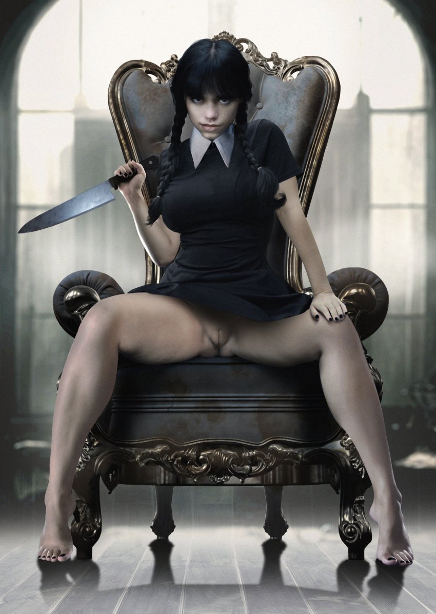 1girls 3d actress barefoot big_ass big_breasts black_hair bottomless celebrity curvaceous curvy female female_only holding_knife jenna_ortega knife large_ass large_breasts looking_at_viewer negisaray pussy pussy_peek real_person realistic solo the_addams_family thick_thighs thighs vagina wednesday_(netflix) wednesday_addams wide_hips