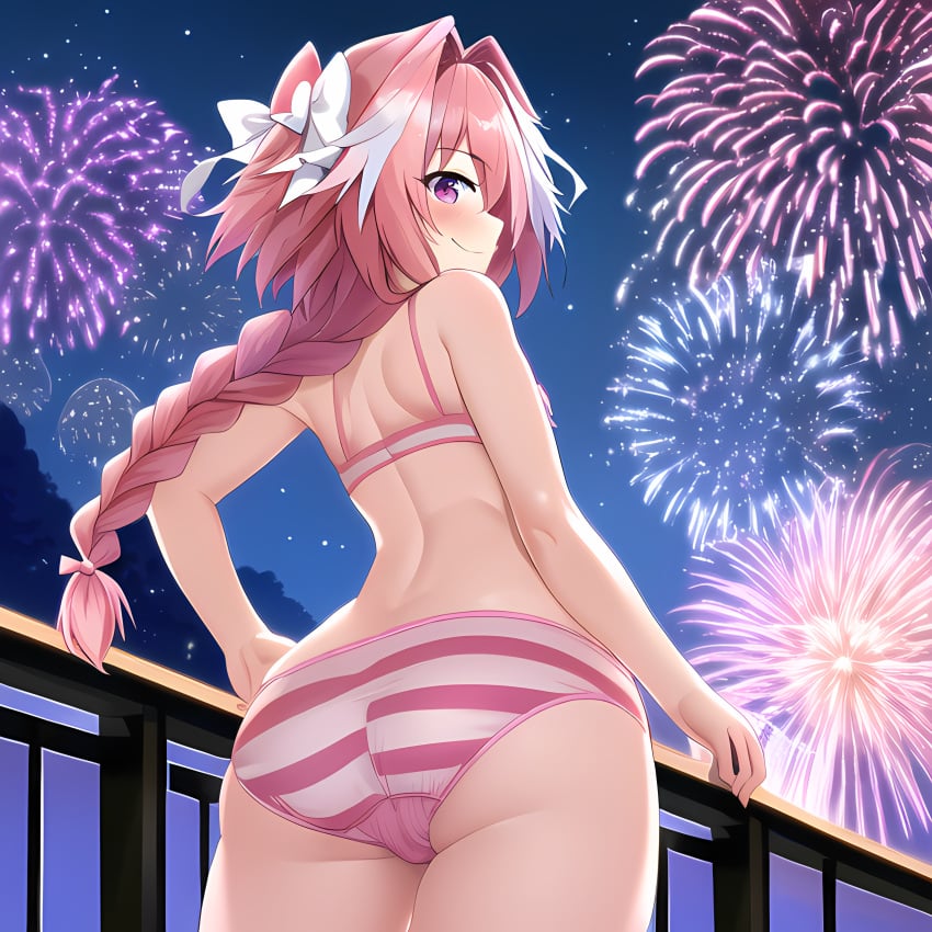 1boy ai_generated ass ass_focus astolfo_(fate) balcony big_ass big_butt curvaceous curvy curvy_figure fate/apocrypha fate/grand_order fate_(series) femboy fireworks girly huge_ass long_braid night novelai pink_eyes pink_hair pov smile smiling smiling_at_viewer starry_sky stars striped_panties