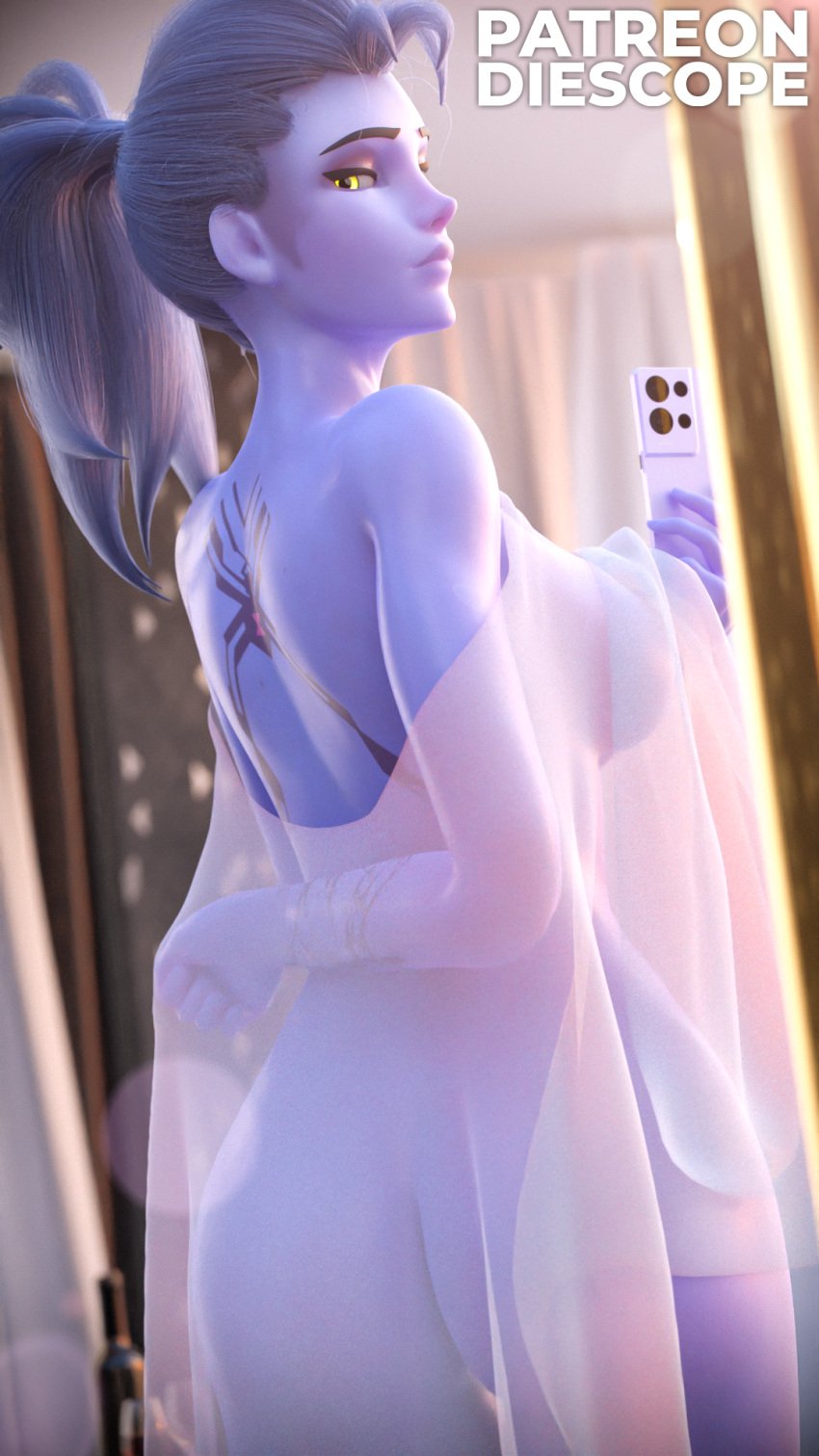 1girls 3d ass back_view blender blizzard_entertainment breasts camera cape cape_only clothed clothed_female clothes clothing detailed_background diescope female female_focus female_only glowing glowing_eyes hand_behind_back hi_res legs lighting overwatch overwatch_2 phone pose posing purple_body purple_hair purple_skin realistic silk smile solo solo_female solo_focus standing tattoo thick_ass thick_thighs thighhighs thighs translucent translucent_clothing transparent_clothing widowmaker yellow_eyes