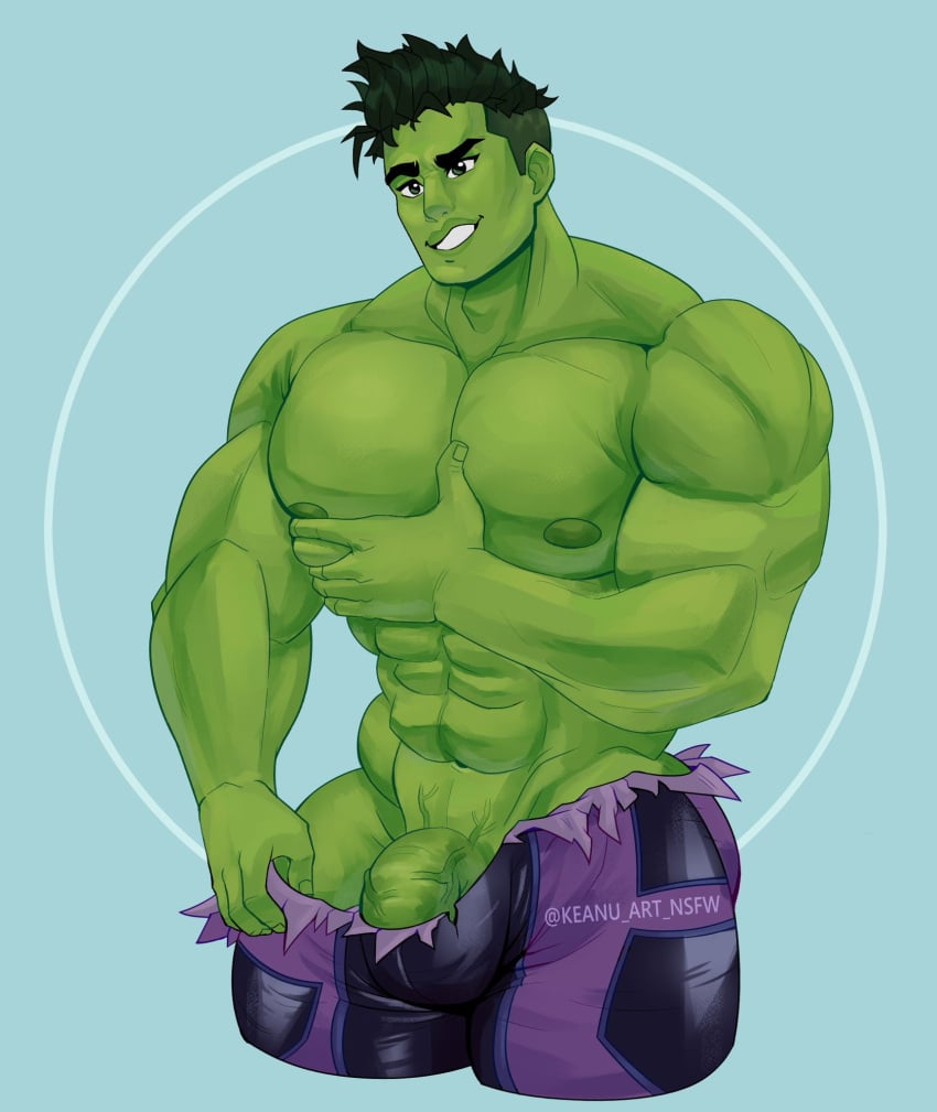 1boy artist_signature bara green-skinned_male green_skin hand_on_chest hulk hulk_(series) male male_focus male_only marvel muscular muscular_male penis pulling_down_pants shirtless_male smile smug_grin solo solo_male tagme topless topless_male undressing