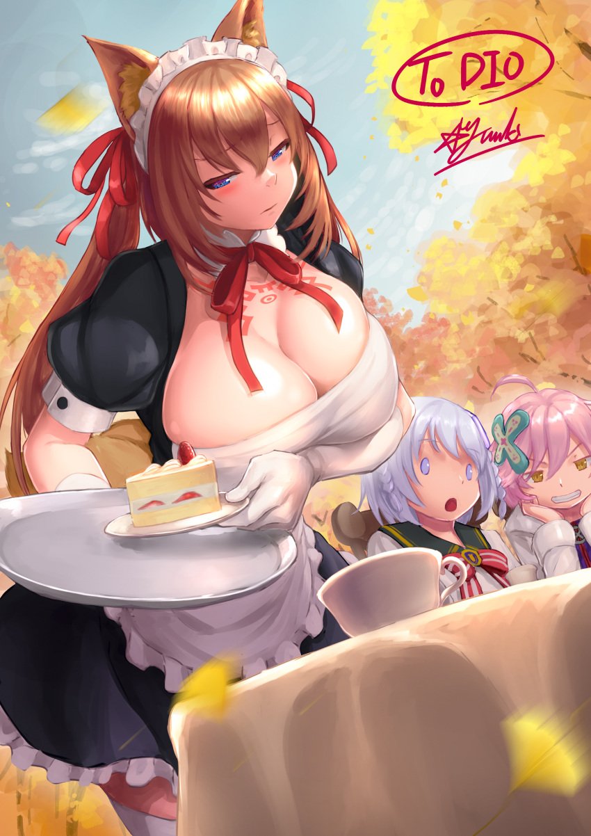 3girls ahoge autumn blue_eyes braid brown_hair cake caleen_keemosn commission elbow_gloves eyebrows_visible_through_hair female female_only fox_ear fox_girl fox_tail grin hair_ornament hair_ribbon kemonomimi kitsunemimi labcoat looking_at_object looking_at_viewer maid maid_apron maid_collar maid_headdress maid_uniform multiple_tails open_mouth original_design outside pink_hair purple_eyes runes school_uniform signature star_ocean star_ocean_anamnesis strawberry_cake teacup thighhighs tika_blunche twintails verda_kleiman very_long_hair white_hair yellow_eyes yuuki1103 ★yuuki