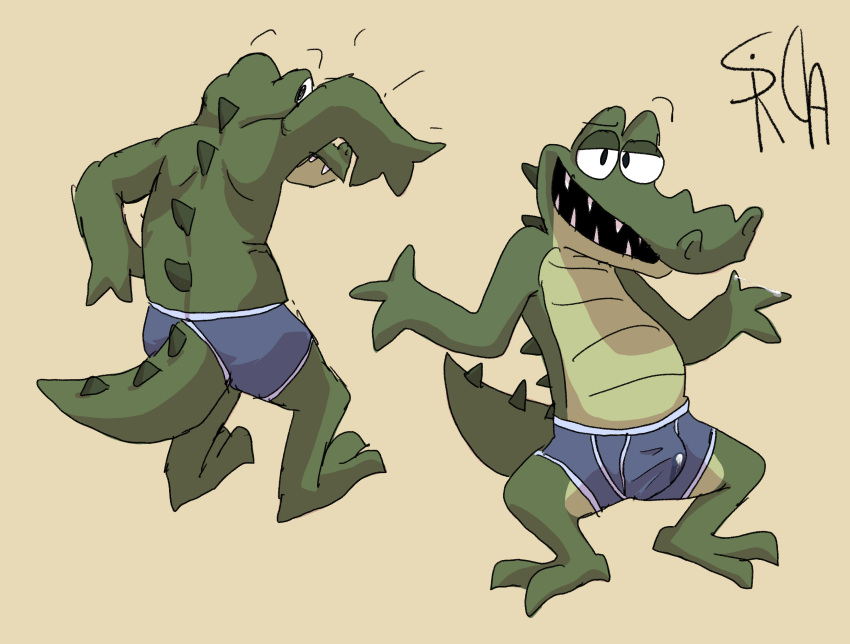 alligator alligatorid anthro back_muscles bodily_fluids bulge caught caught_by_surprise caught_off_guard clothed clothing crocodile crocodilian crocodylid cum dripping erection eyebrows genital_fluids green_body half-closed_eyes hi_res male narrowed_eyes precum precum_drip presenting raised_arm rear_view reptile scalie scalie_tail shirtless shirtless_anthro shirtless_male solo spread_legs spreading srirachamander teeth underwear