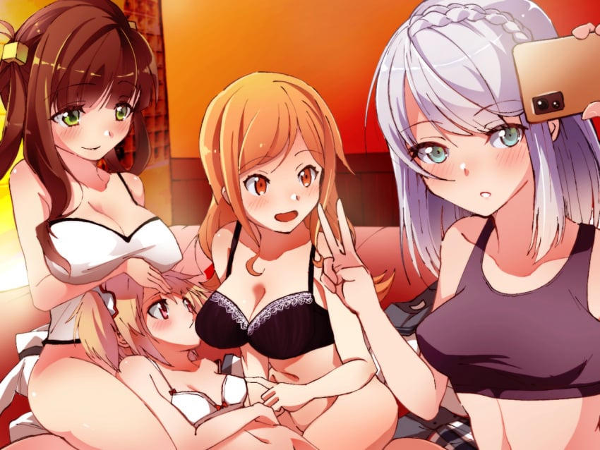 4girls aqua_eyes awane_kokoro ayano_rika blonde_hair blue_eyes bottomless breasts brown_hair eri_aimi green_eyes human human_only kagami_masara lap_pillow large_breasts magia_record:_mahou_shoujo_madoka_magica_gaiden mahou_shoujo_madoka_magica multiple_girls orange_eyes red_eyes sara_(arorasyeimi) selfie small_breasts underwear underwear_only v white_hair