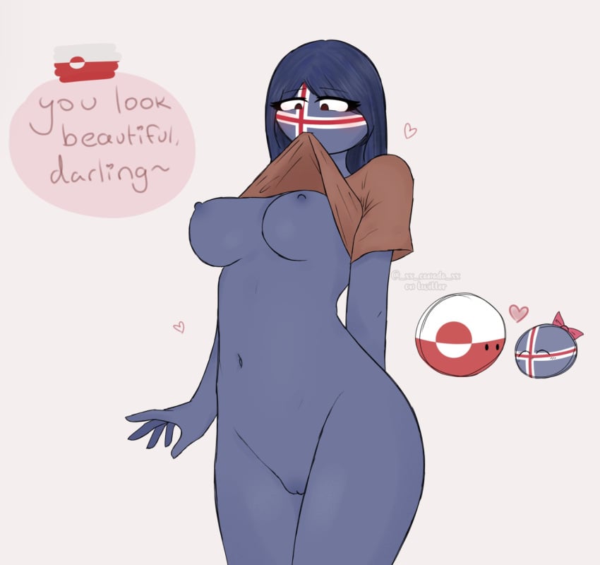 1girls blue_body breasts countryhumans countryhumans_girl female greenland_(countryhumans) iceland_(countryhumans) shirt_lift tagme xx.canada.xx