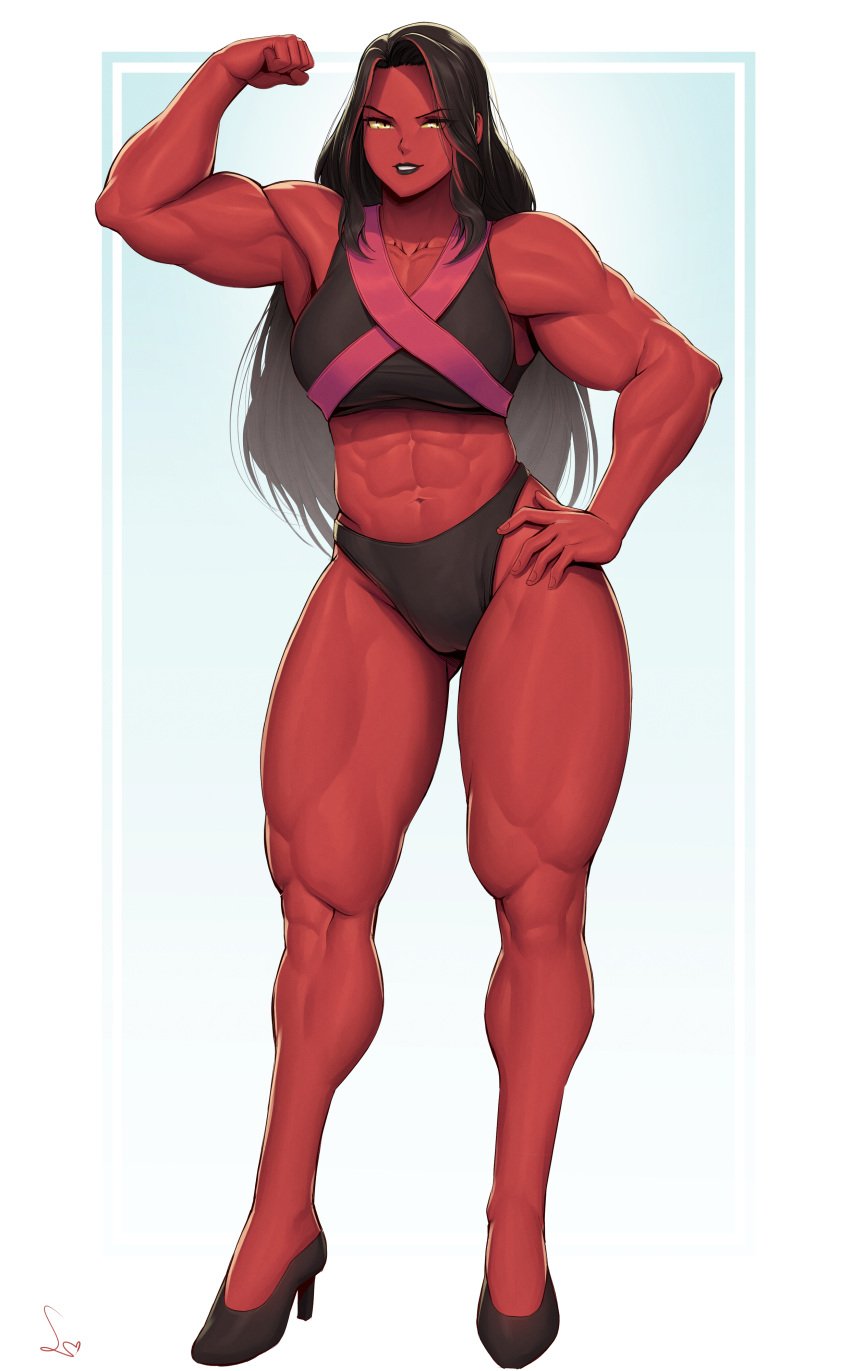 1girls abs absurd_res adonis_belt armpits betty_ross biceps cameltoe colored_skin flexing hand_on_hip hi_res high_heels long_hair marvel muscular muscular_arms muscular_female navel red_she-hulk red_skin signature simple_background solo speedl00ver thick_thighs underwear yellow_eyes