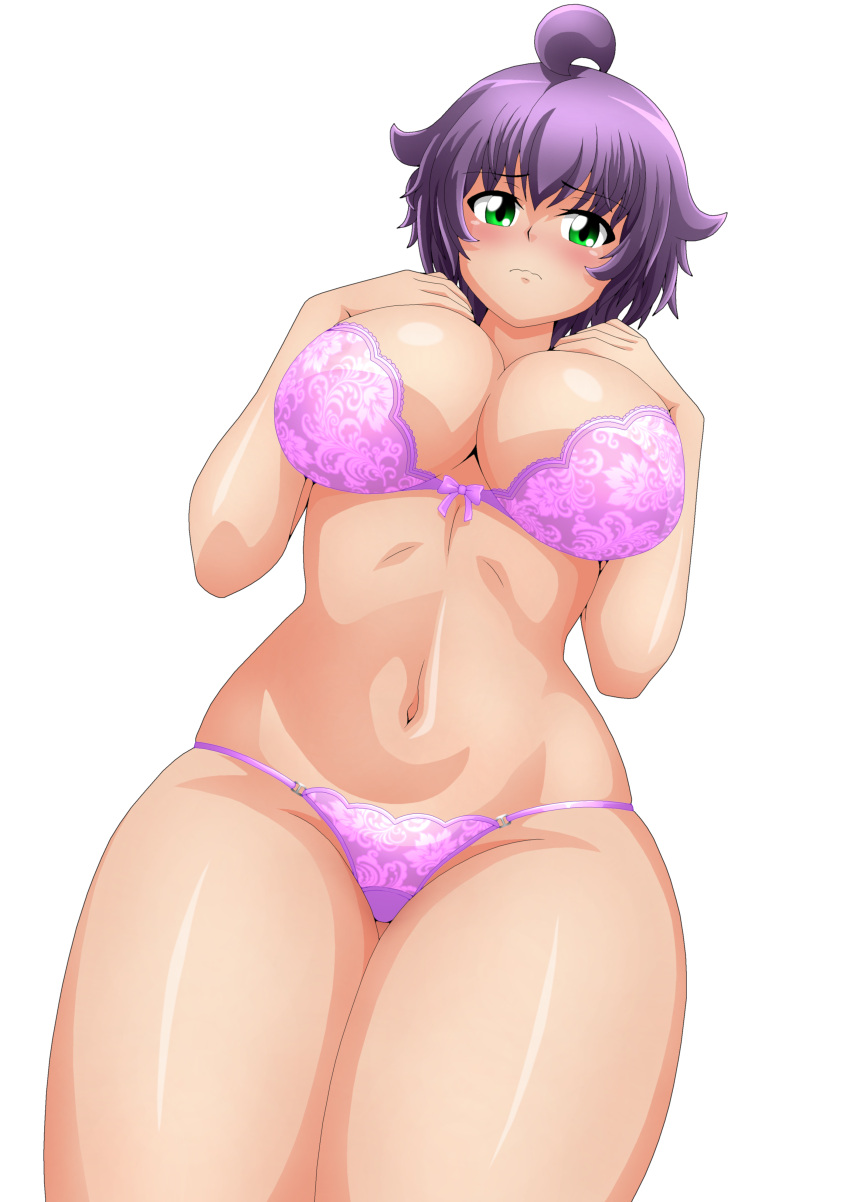 1girls big_breasts bra busty child_bearing_hips green_eyes green_eyes_female hand_on_own_chest large_breasts looking_down navel panties purple_hair purple_hair_female short_hair short_hair_female yukino_akaihi yukino_memories zel-sama