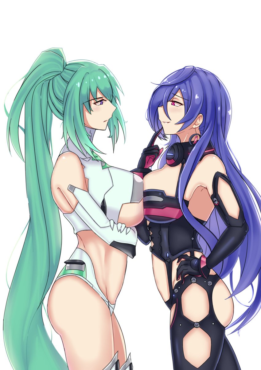 2girls bare_shoulders big_breasts bodysuit breast_comparison breast_press breast_to_breast breasts choker cleavage compile_heart crossed_arms finger_to_mouth goddess green_hair green_heart hand_on_hip idea_factory iris_heart light-skinned_female long_hair looking_at_another neptunia_(series) pink_eyes plutia ponytail purple_eyes purple_hair smile symmetrical_docking thighs vert white_fur zatsu