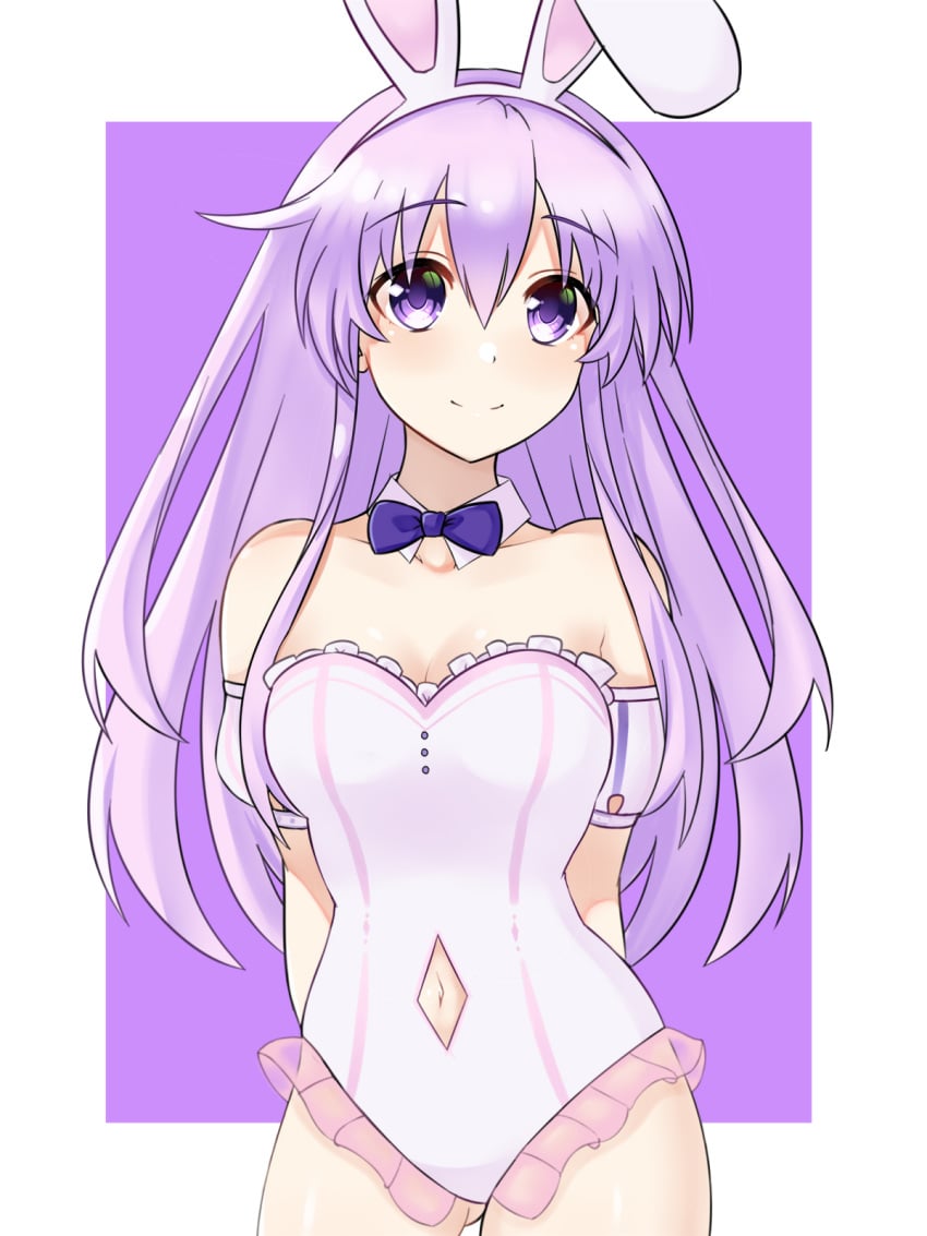 bare_shoulders belly_button bowtie breasts bunny_ears bunnysuit compile_heart detached_collar hands_behind_back idea_factory light-skinned_female long_hair looking_at_viewer nepgear neptunia_(series) purple_eyes purple_hair smile solo thighs zatsu