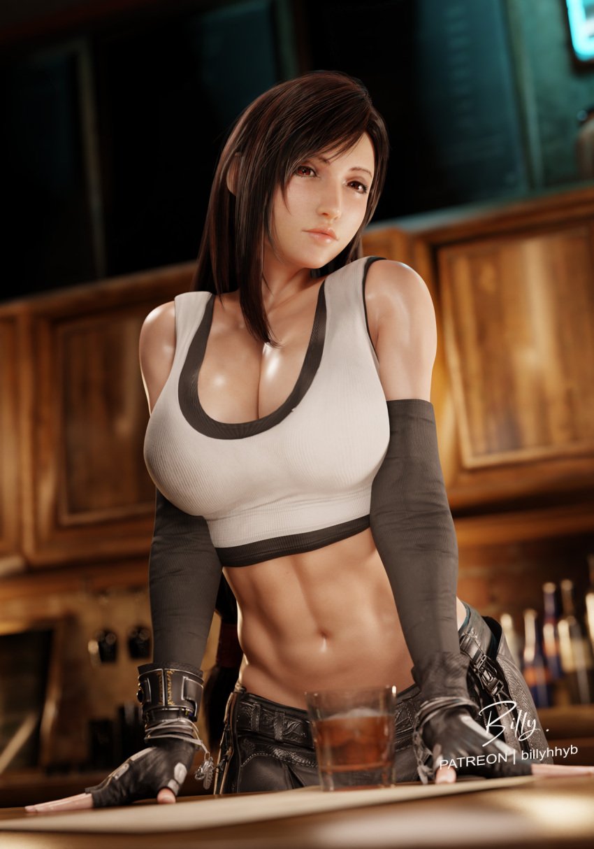 1girls 3d 3d_(artwork) belly belly_button big_breasts billyhhyb black_hair blender breasts busty female female_focus final_fantasy final_fantasy_vii final_fantasy_vii_remake fingerless_gloves highres large_breasts long_black_hair long_hair looking_at_viewer midriff navel parted_lips pink_lips red_eyes seductive sensual sfw skirt tank_top tifa_lockhart toned voluptuous