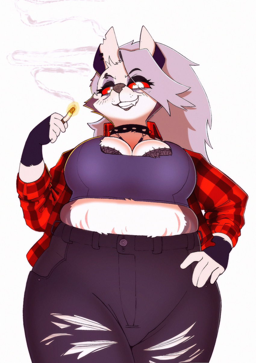 anthro big_breasts breasts canid canid_demon chubby chubby_female cleavage clothed clothing female fur gingham helluva_boss loona_(helluva_boss) noogatdelight red_sclera solo thick_thighs wide_hips