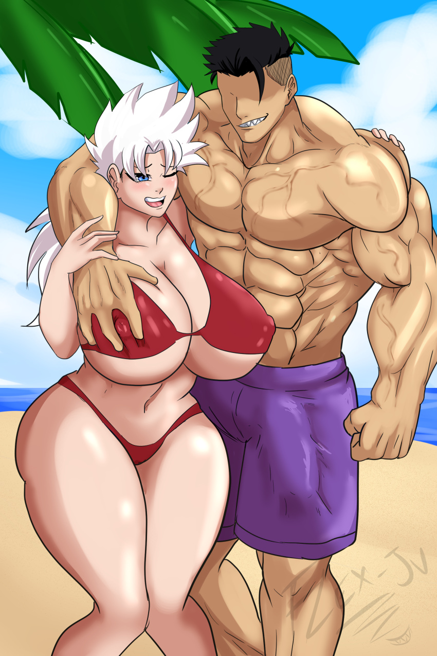 1boy 1boy1girl 1girls andromeda_(vpagonart) background beach big_ass big_breasts bikini black_hair blue_eyes blue_sky breast_grab breast_squeeze bulge_through_clothing clouds commission commissioner_upload curvy_female evil_grin flex-jv goddess human large_penis larger_male light-skinned_female male/female muscular_male nervous_smile nipple_bulge original_character palm_tree saiyan short_hair size_difference smaller_female swimming_trunks swimsuit tan_skin veins veiny_muscles white_hair