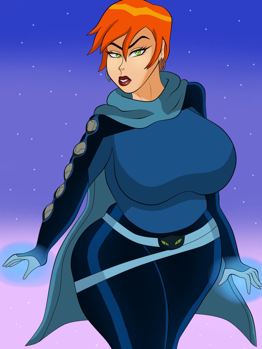 1girls ben_10 big_breasts blueartfiend cape cartoon_network future_gwen green_eyes gwen_tennyson magic mature_female orange_hair red_lipstick thick_thighs tight_clothing