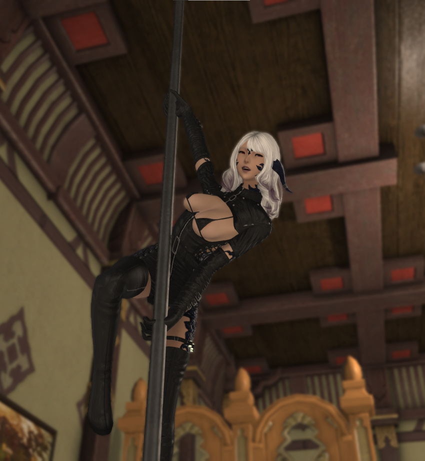 black_outfit female final_fantasy final_fantasy_xiv heterochromia horns nurse_uniform pole_dancing purple_eyes red_eyes white_hair