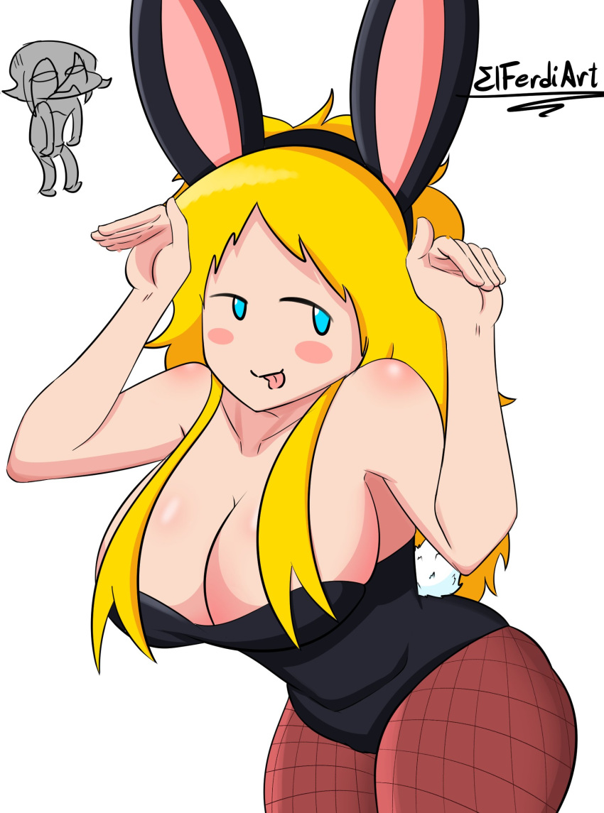 big_ass big_breasts blonde_hair blue_eyes blush bunny_costume bunny_ears bunny_girl bunny_pose bunnysuit elferdiart hair_on_breasts hair_over_breasts huge_breasts oc original_character thick_thighs tongue_out yellow_hair