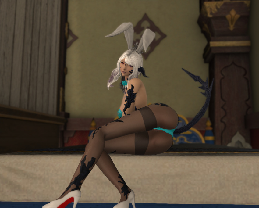 au_ra bunny_ears bunny_suit final_fantasy final_fantasy_xiv heterochromia high_heels original_character purple_eyes red_eyes showing_ass tail white_hair