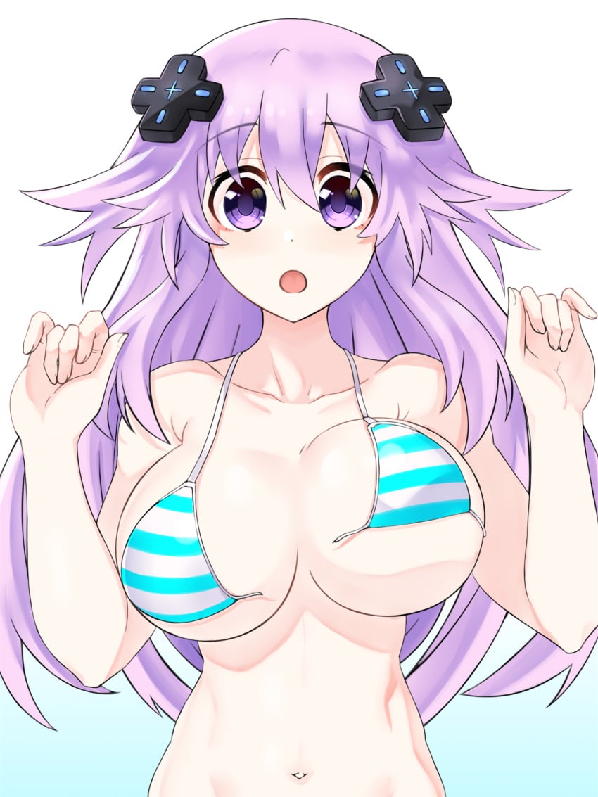 adult_neptune arms_up barely_clothed big_breasts bra d-pad_hair_ornament front_view light-skinned_female long_hair looking_at_viewer neptunia_(series) open_mouth purple_eyes purple_hair solo surprised torn_clothes zatsu