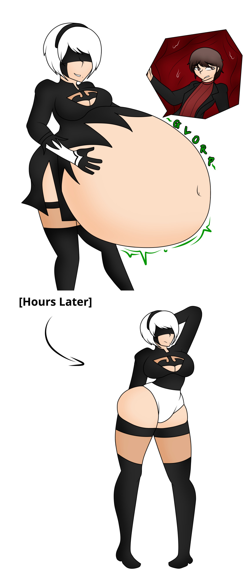 1boy 1girls android android_girl belly belly_bulge big_belly big_belly_bulge breasts digestion digestion_noises female_pred hands_on_belly human_prey male_prey nier nier:_automata nier_(series) oral_vore post_digestion post_vore robot robot_girl robot_pred same_size_vore soft_vore tbvas2 thick_thighs thigh_expansion thighs unwilling_prey video_game_character video_games vore vore_belly white_hair willing_pred yorha_2b