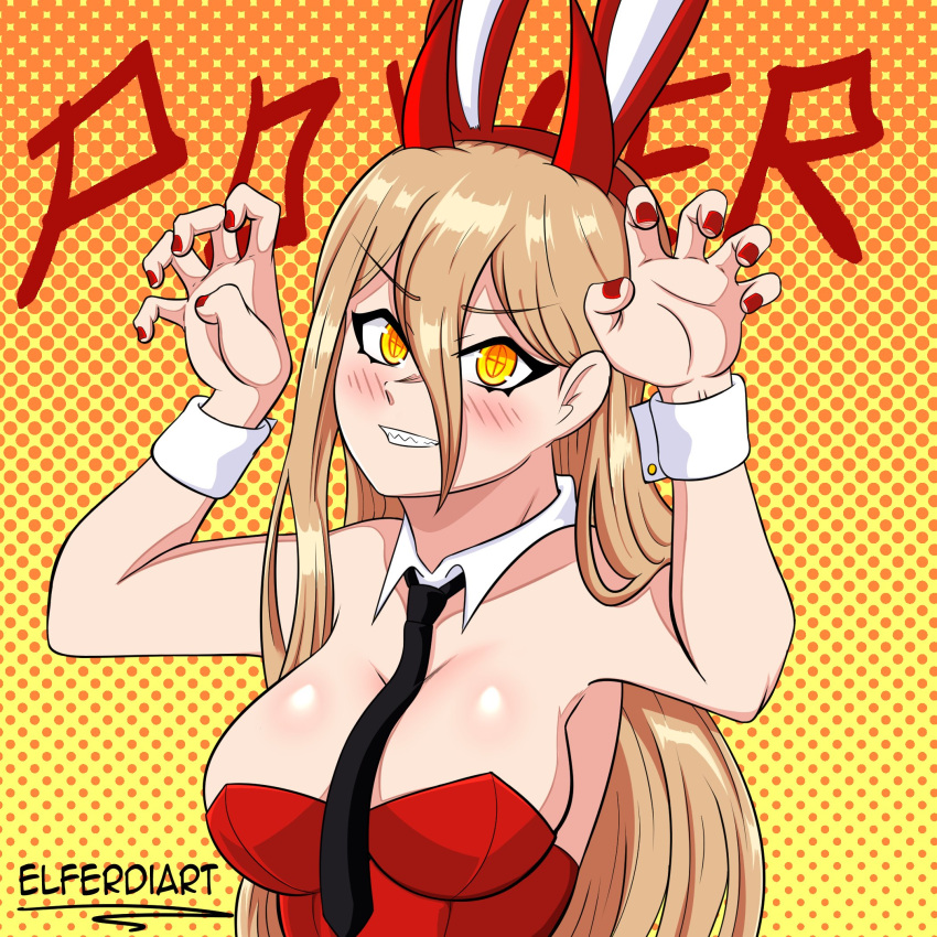 breasts bunny bunny_costume bunny_ears bunnysuit chainsaw_man elferdiart necktie power_(chainsaw_man) red_bunny_ears red_bunnysuit smile tie white_skin