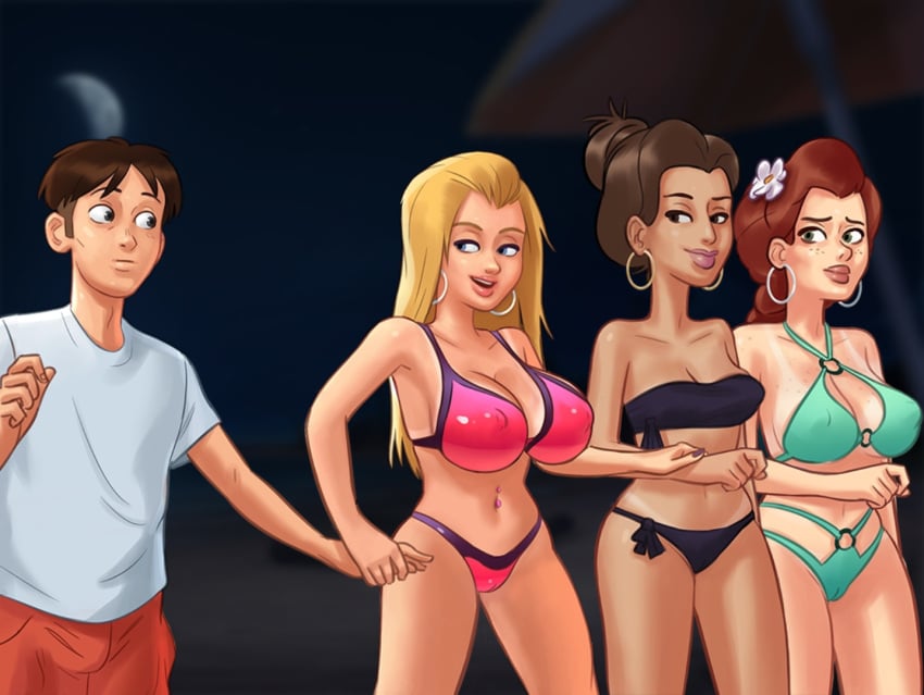 1boy 2d 3girls beach beach_umbrella becca_(summertime_saga) belly_piercing big_breasts bikini bikini_bottom bikini_top blonde_hair blue_eyes bottomwear bra braid braided_hair braided_ponytail breasts brown_eyes brown_hair brown_hair cameltoe cleavage clothed clothing darkcookie digital_drawing_(artwork) digital_media_(artwork) ear_piercing earrings female flower flower_in_hair freckles freckles_on_breasts freckles_on_chest freckles_on_face green_eyes holding_hand holding_hands huge_breasts light-skinned_female light-skinned_male light_skin long_hair looking_at_another looking_at_partner looking_back main_character_(summertime_saga) male male/female missy_(summertime_saga) nervous nervous_smile night night_sky nipples nipples_visible_through_clothing pale-skinned_female pale_skin panties petite petite_body piercing piercings ponytail pussy_lips red_hair roxxy_(summertime_saga) shirt shorts sky slim_waist small_breasts smile smiling standing summertime_saga tanline tanlines teenage_girl teenager thick_thighs topwear